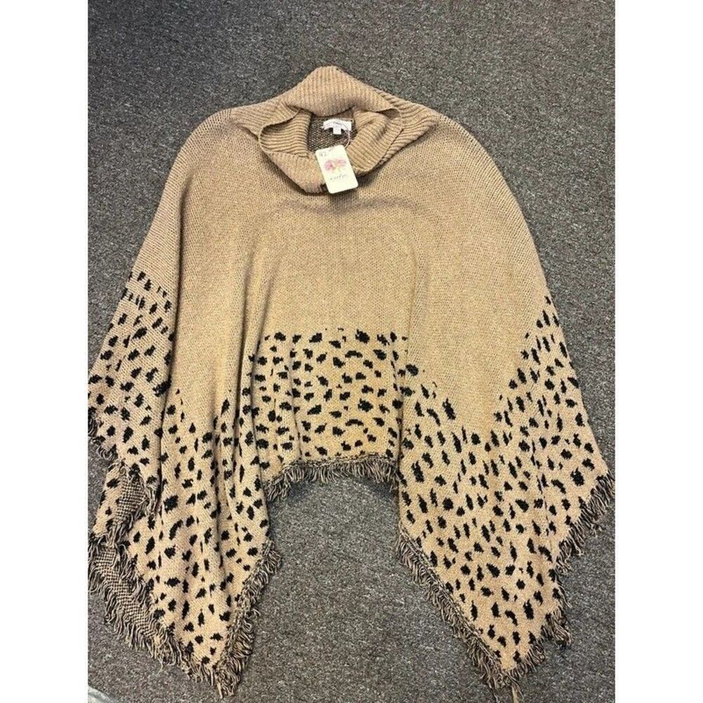 Entro Leopard Print Knit Cowl Neck Fringe Poncho Tan Black S/M J14915